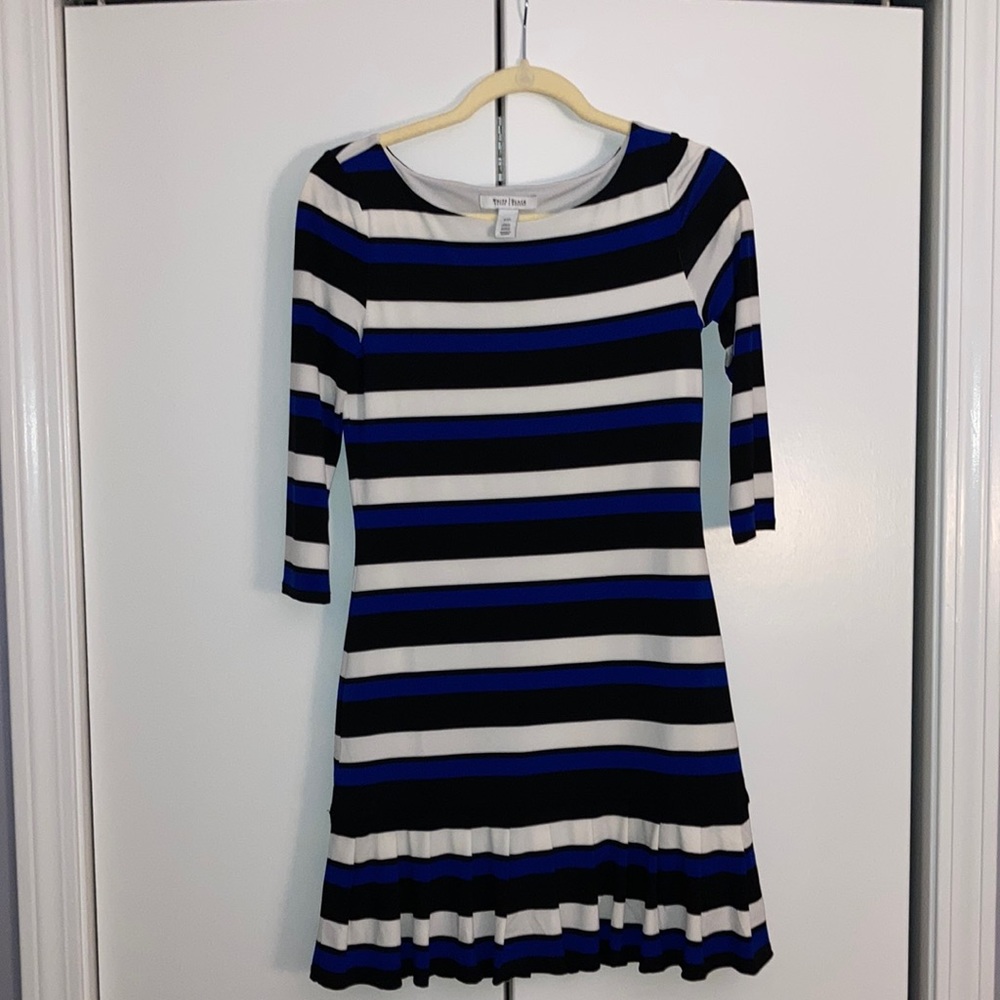 White House Black market blue black and cream dress